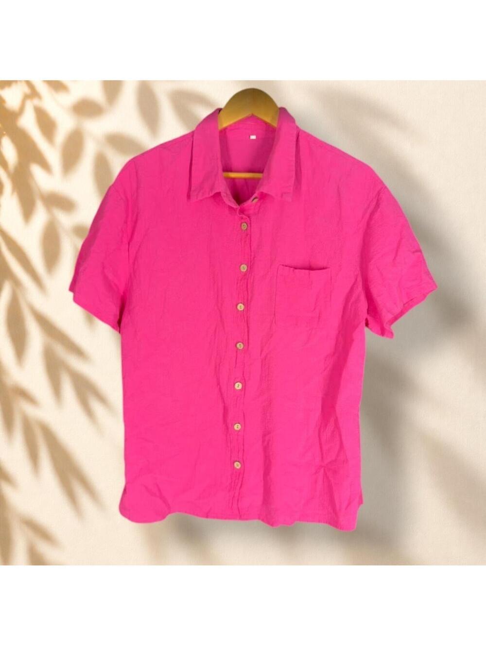 Unbranded Shirt Women L Large Pink Button Up Collared Linen Short Sleeve Pockets